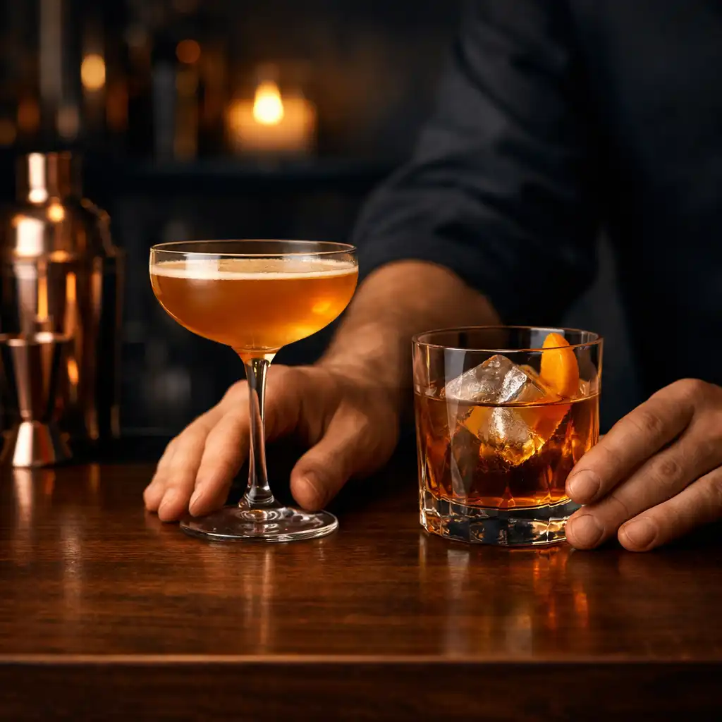 Aperitif podawany na ciemnym, eleganckim barze