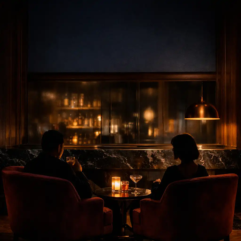 Cichy wieczorny lounge z burgundowymi fotelami i światłem świec