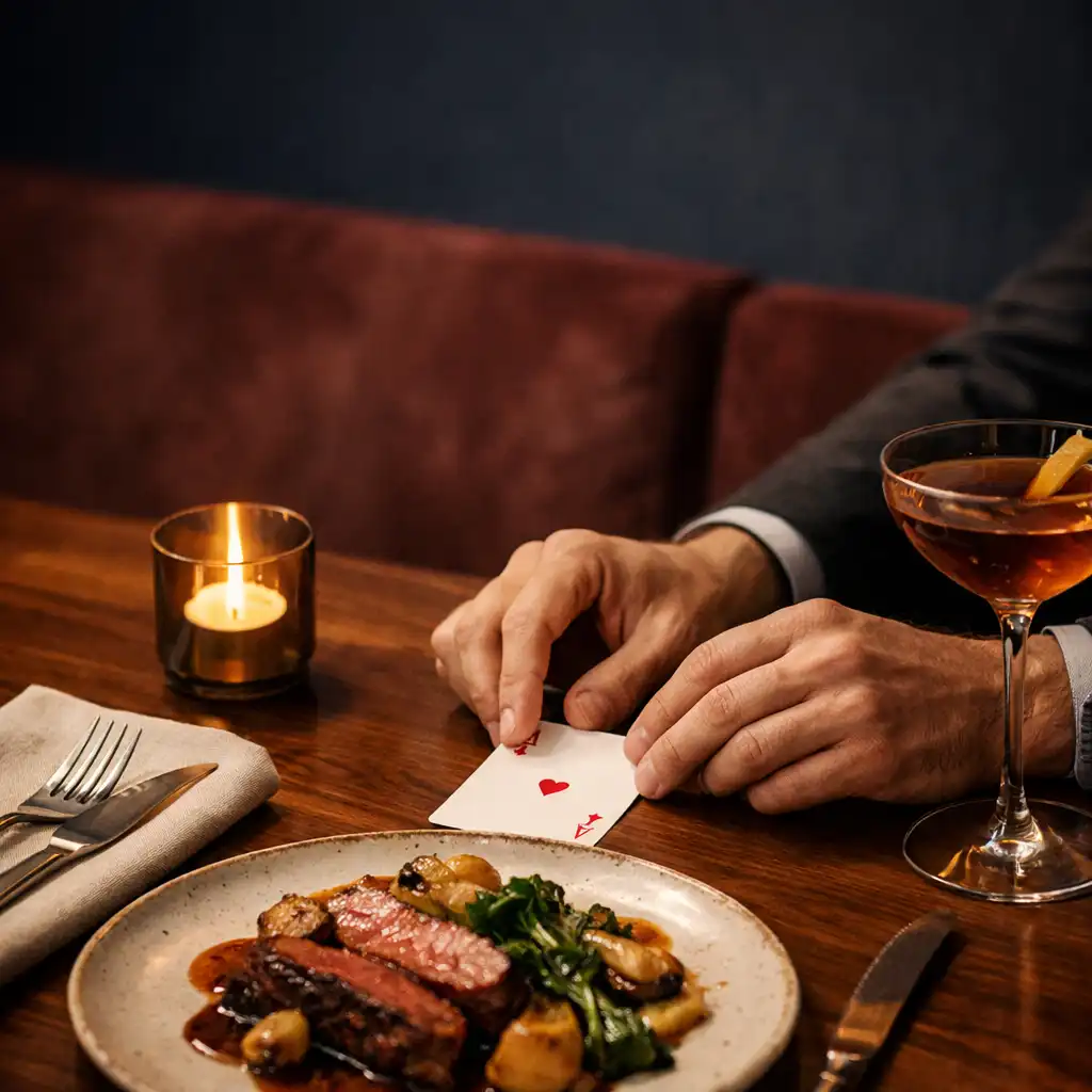 Dłonie, elegancko podane danie i karty na ciemnym stole restauracyjnym