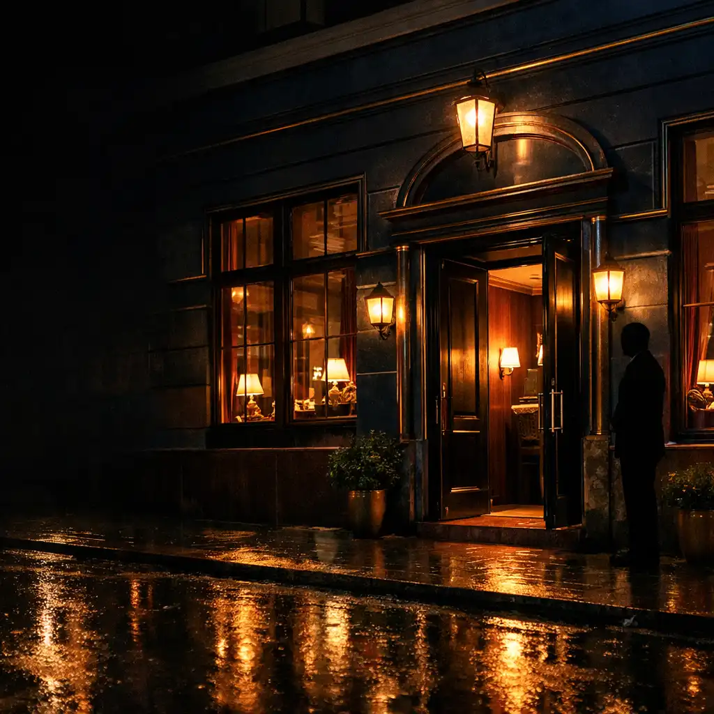 Nocne wejście do eleganckiej restauracji w ciepłym świetle