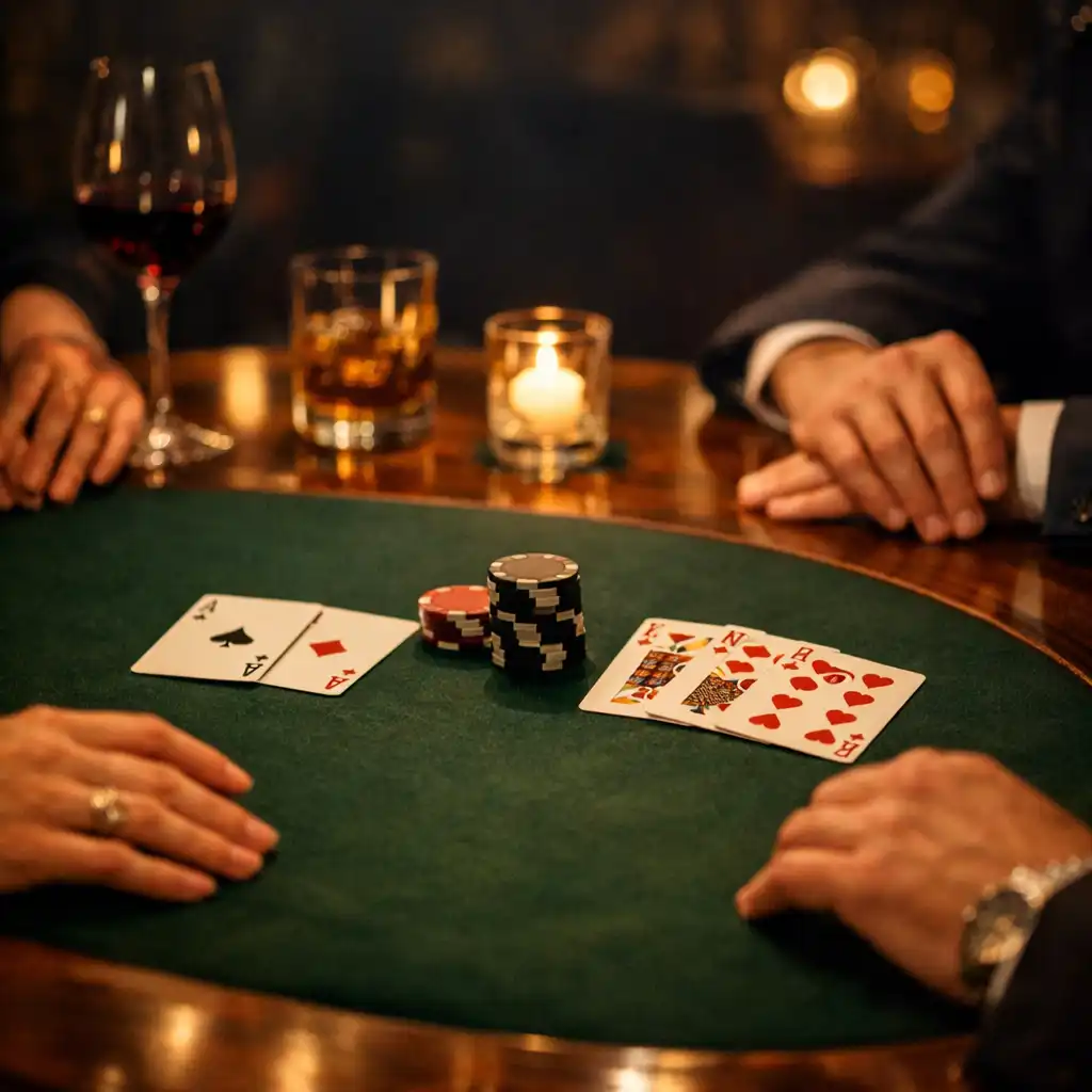 Dłonie gości przy kartach i żetonach na eleganckim stole pokerowym.