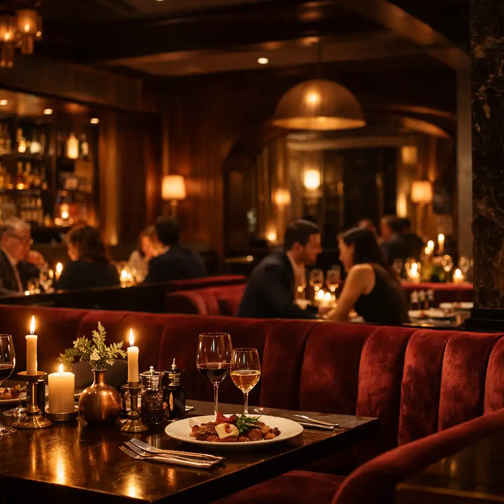 Sala restauracyjna po zmroku, goście przy stolikach i ciepłe światło