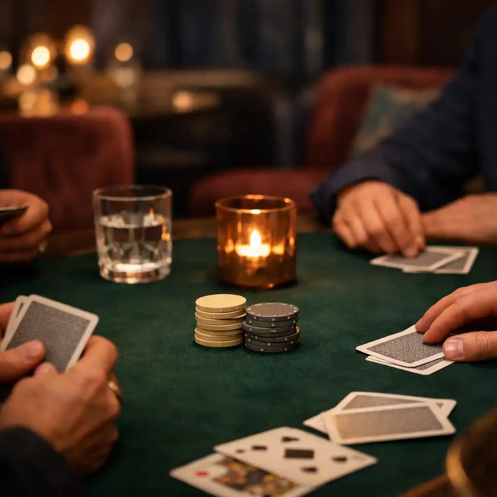 Ręce przy spokojnym stole pokerowym, karty, neutralne żetony i światło świec